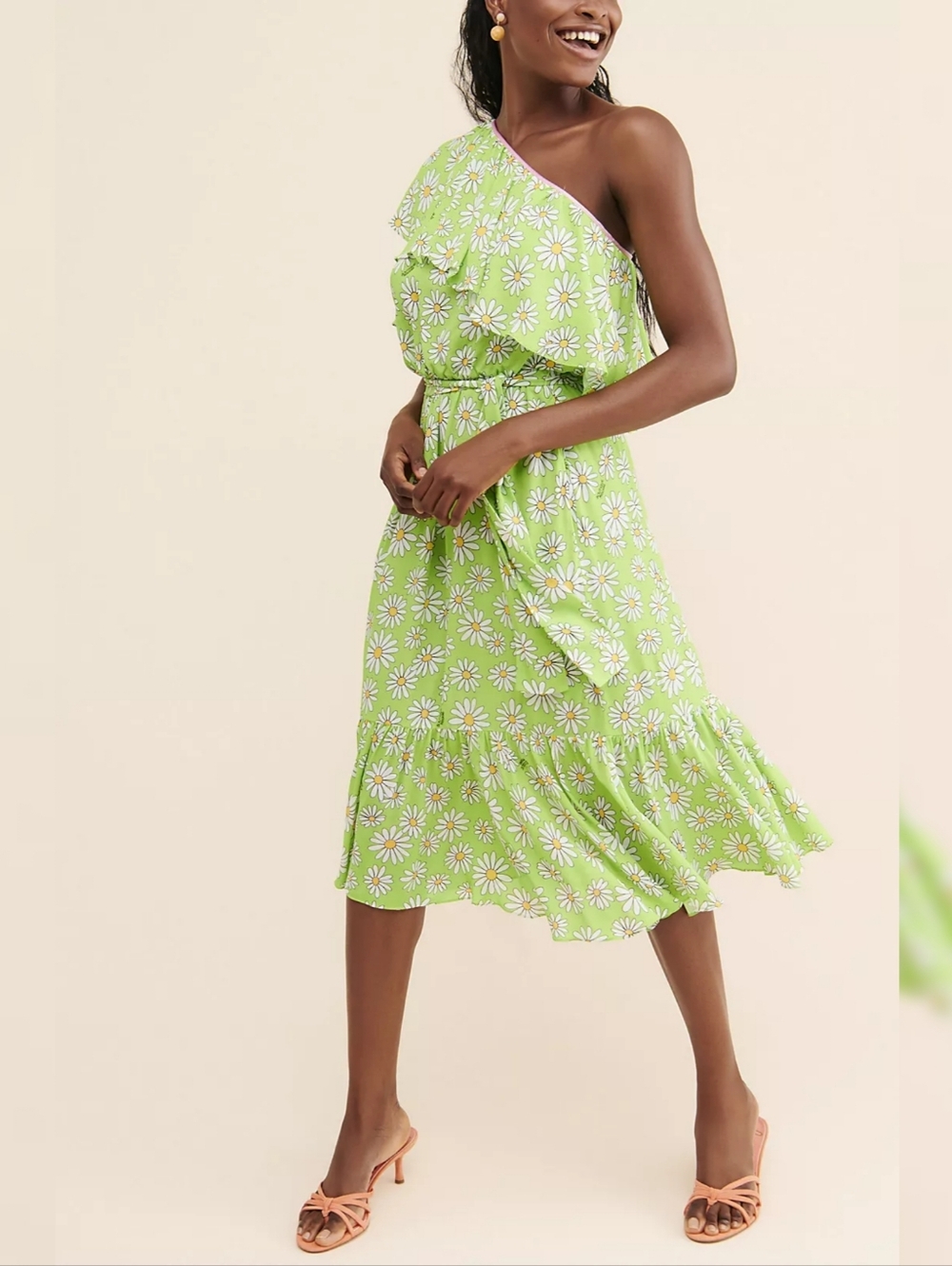 Moschino Boutique Daisy Mae Midi Dress Green Daisy Print One Shoulder Women's